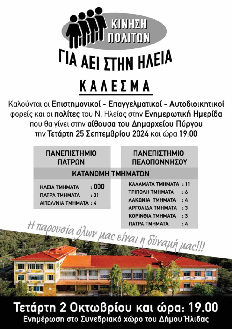 Κίνηση πολίτων για  Α.Ε.Ι. στην Ηλεία: Kάλεσμα σε ενημερωτική ημερίδα