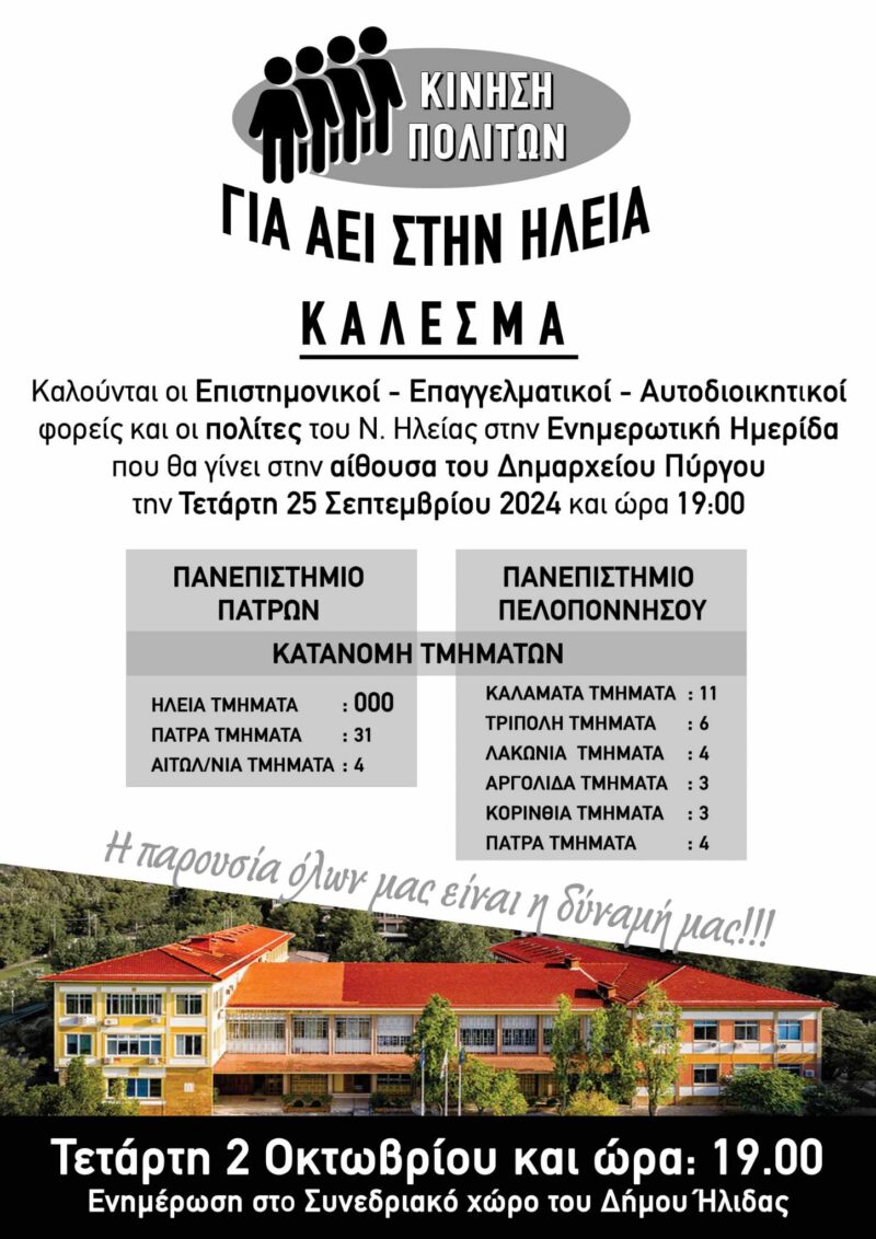 Κίνηση πολίτων για  Α.Ε.Ι. στην Ηλεία: Kάλεσμα σε ενημερωτική ημερίδα